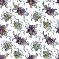 Gothic flowers seamless pattern drawn. Dark botanical print with lily, iris. Black floral watercolor illustration and feathers isolated on white. Element for package, wedding, Valentine background. vector