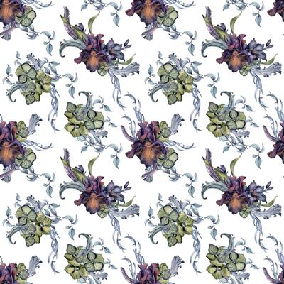 Gothic flowers seamless pattern drawn. Dark botanical print with lily, iris. Black floral watercolor illustration and feathers isolated on white. Element for package, wedding, Valentine background.