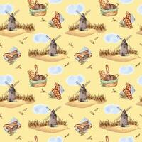 Windmill with various kind bread in watercolor seamless pattern isolated on beige background. Rustic landscape with rye for bakery in sketch style hand drawn. Design for package, wrapping paper. vector