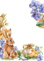 Easter border of blue spring flowers and watercolor bunny isolated on white. Floral template frame with eggs in fabric basket. Blooming forsythia branch hand drawn. Sketch hare for greeting card. vector