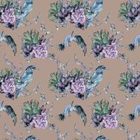 Gothic floral seamless pattern with crow drawn. Black lily, peony and leaves watercolor illustration isolated on pink. Dark botanical decoration with black birds. Element for invitation, background. vector