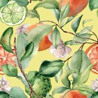 Foliage with assorted citrus fruits and white flowers watercolor seamless pattern isolated on beige. Hand drawn grapefruit in botanical sketch style. Jasmine and green bergamot for package, textile. vector