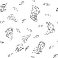 Hop cones, leaves and wheat grains monochrome seamless pattern isolated. Repeated texture of cereal grains and humulus black white outline painted by ink for design wrapping paper, brewing. vector