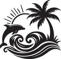 Elegant Beach Logo Design, Palm Tree and Dolphin Silhouettes on Transparent Background vector