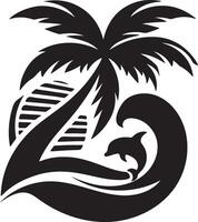 Minimalist Tropical Logo, Palm Tree and Dolphin in Silhouette with Ocean Waves vector