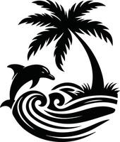 Coastal Paradise Logos Palm Tree and Dolphin Silhouette with Waves vector