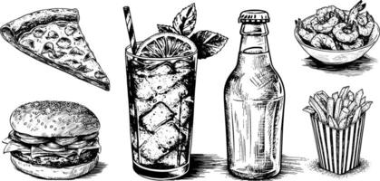 Sketch Illustration of Burger, Pizza, Shrimp, and Lemonade Hand Drawn Food and Drink Set. vector