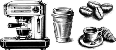 Vintage Sketch Set of Coffee Machine and Beans with Croissant and Take Off. vector