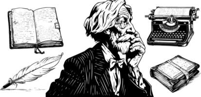 Vintage sketch of a poet with a typewriter, open book and quill. Hand-drawn illustration set. vector