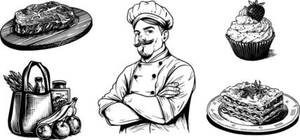 Vintage Chef Sketch of Lasagne, Dessert, and Steak in Italian Menu with Hand-Drawn Food Icons and Shopping Bag. vector