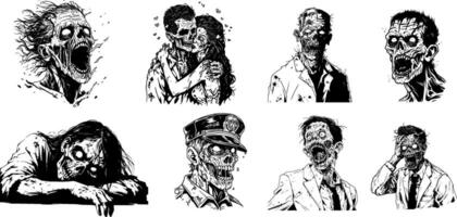 Illustration of Angry Zombie Skull Set. Halloween Monster with Mutant Face. vector