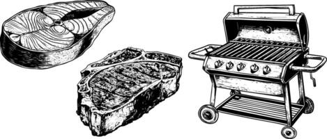 Vintage sketch of grill and barbecue items, including steak, salmon, and fillet. vector