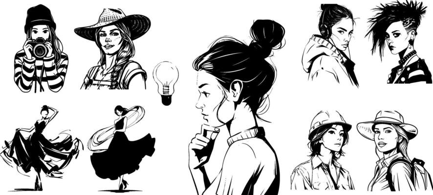 sketch of a professional girl at work. Vintage illustration of a cute female worker in various jobs, from engineer to cabaret dancer.