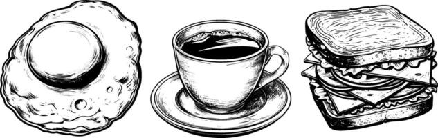 Vintage sketch set of a breakfast with fried egg, coffee, and sandwich. vector