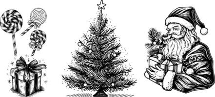 Vintage Santa Sketch Set. Christmas Tree, Candy, and Wrapped Gift Hand-Drawn in Retro Style . vector