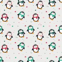 Seamless pattern with penguins in colored headphones. Christmas print for packaging, wrapping paper, textiles, greeting cards. vector