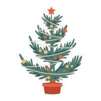 New Year's tree in pot. Holiday Christmas tree with balls and beads in retro style. illustration vector