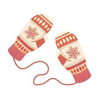 Red and white knitted mittens with snowflake pattern. Warm winter gloves. isolated element vector