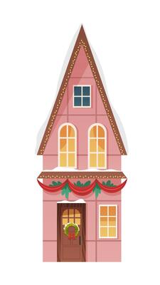 Vintage snowy house with Christmas lights and wreath. element on white background