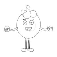 Cheerful cartoon mangosteen fruit character. Mascot is in outline format, ideal for childrens coloring books, and is perfect for a tropical fruit theme. eps 10 vector