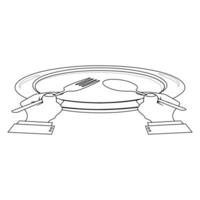 Outline Hands Holding Cutlery with Empty Plate, suitable for a coloring book. The line design is simple yet elegant, for a coloring experience with a formal dining theme or table manners vector