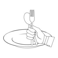 Outline Hands Holding Cutlery with Empty Plate for Coloring vector