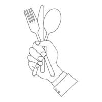 Outline illustration of hands holding a spoon, fork, and knife, for coloring book. The simple line design is ideal for creativity, offering easy-to-color images vector