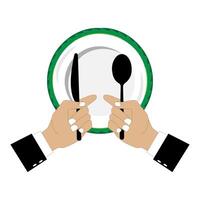 Illustration shows an empty plate and a hand holding a fork, spoon and knife. Person holding cutlery. Concept representing food shortage, hunger. Flat design vector