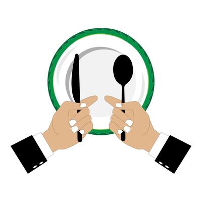 Illustration shows an empty plate and a hand holding a fork, spoon and knife. Person holding cutlery. Concept representing food shortage, hunger. Flat design