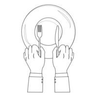 Hands with Knife and Fork on Plate Coloring Book Design vector