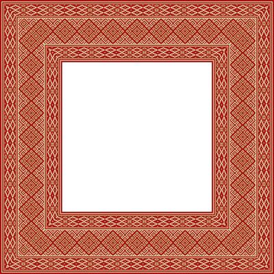 red gold square belarusian national ornament frame. Ethnic pattern rectangle of Slavic peoples, Russian, Ukrainian, Serb, Pole, Bulgarian. Cross stitch template