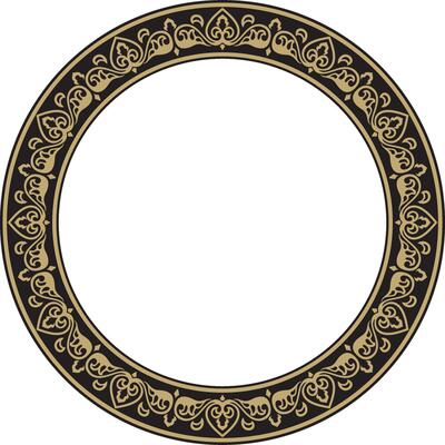 round gold and black ancient Russian ornament. Slavic border, frame. Circle, ring. Painting of the royal chambers.