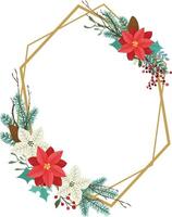 Christmas floral frame with red poinsettia, mistletoe, red berries and fir branches. vector