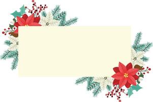 Christmas floral frame with red poinsettia, mistletoe, red berries and fir branches. vector
