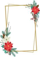 Christmas floral frame with red poinsettia, mistletoe, red berries and fir branches. vector