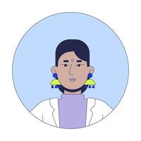 Hindu woman with bindi 2D linear avatar illustration. Indian lady with ethnic earrings cartoon character face portrait. Head and shoulders. Round frame flat user profile color image isolated vector