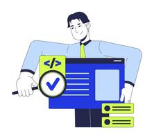 Tester searching bug in software 2D illustration concept. Developer engineer holding magnifying glass cartoon character isolated on white. Syntax code assessment metaphor abstract flat graphic vector