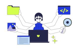Full stack developer job 2D illustration concept. Frontend and backend engineer woman with multi hands cartoon character isolated on white. Coder programmer metaphor abstract flat graphic vector