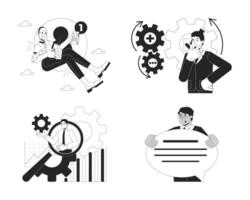 Digital business processes management black and white 2D concepts set. Entrepreneurs employees outline illustration characters isolated. Enterprise technology metaphors monochrome collection vector