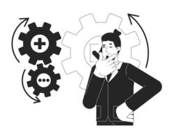 Brainstorming problem solving black and white 2D illustration concept. Gears business analyst rubbing chin outline character isolated. Project manager critical thinking metaphor monochrome art vector