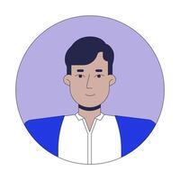Demure indian man in cardigan with white shirt 2D linear avatar illustration. South asian guy cartoon character face portrait. Head and shoulders. Round frame flat user profile image isolated vector