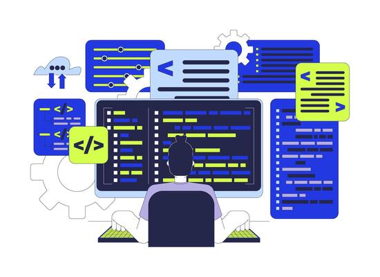 Software developer 2D illustration concept. Caucasian man programmer typing keyboard computer syntax codes cartoon character isolated on white. Coding career metaphor abstract flat graphic