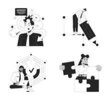 Innovative business people diverse black and white 2D concepts set. Successful entrepreneurs outline illustration characters isolated. Corporate transformation metaphors monochrome collection vector