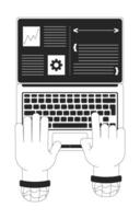 Split screen on laptop for programmer productivity black and white 2D illustration concept. Software developer multitasking on notebook outline hands isolated. Coding metaphor monochrome art vector