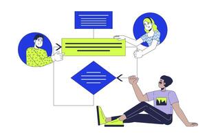 Algorithm in software development 2D illustration concept. Programmer team solving problem cartoon characters isolated on white. Algorithmic task performing metaphor abstract flat graphic vector