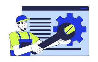 Web developer fixing website 2D illustration concept. Programmer repairman spanner unscrew cartoon character isolated on white. Wrench webpage debugging metaphor abstract flat graphic vector
