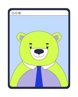Collar tie bear on tablet screen 2D cartoon object. Anthropomorphic business manager online meeting display device computer isolated element flat clipart on white background. Spot illustration vector