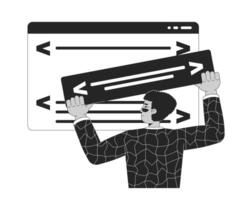 Website builder black and white 2D illustration concept. Backend web developer hispanic man programmer outline character isolated. Back-end engineer coding construction metaphor monochrome art vector