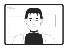 Casual smart asian male teleworker tablet computer screen black and white 2D line object. Remote employee conference gadget isolated clip art outline item. Monochromatic spot illustration vector