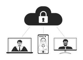 Secure cloud storage for small business black and white 2D illustration concept. File sharing between employees outline characters isolated. Keeping data safe, protected metaphor monochrome art vector